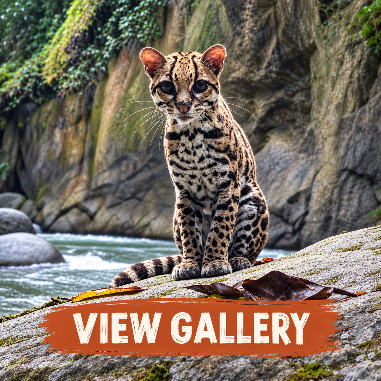 View Gallery — spotted wild cat beside a river
